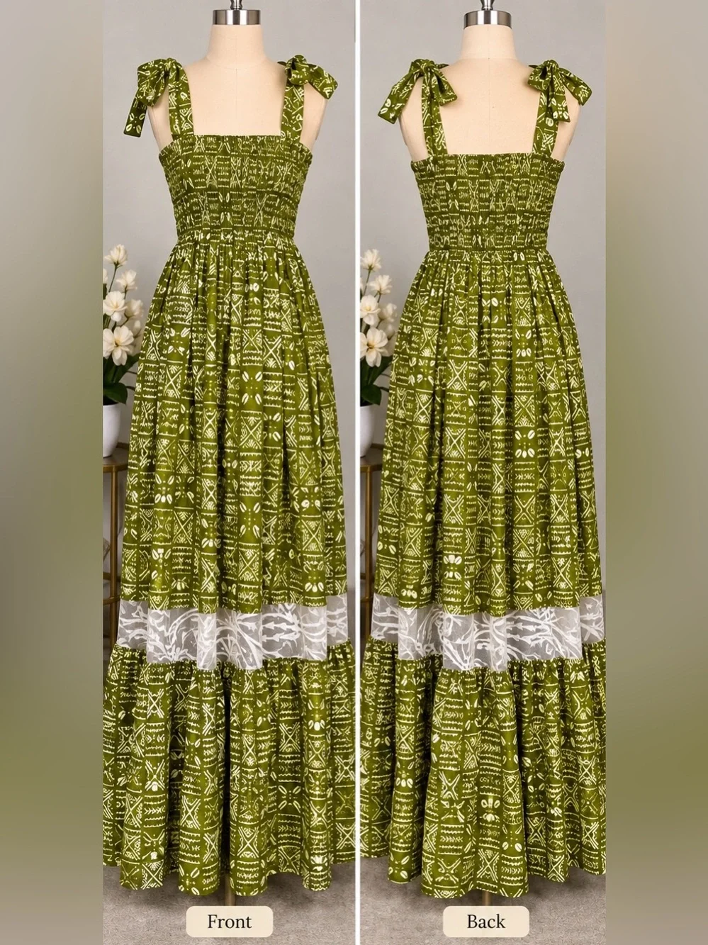 Smocked Olive Green Maxi Skirt with White Lace Trim